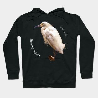 Snowy egret tropical bird pin white text Hoodie